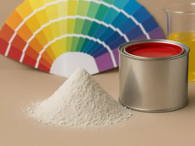 Bentonita em pó ao lado de uma lata de tinta e de um leque de cores